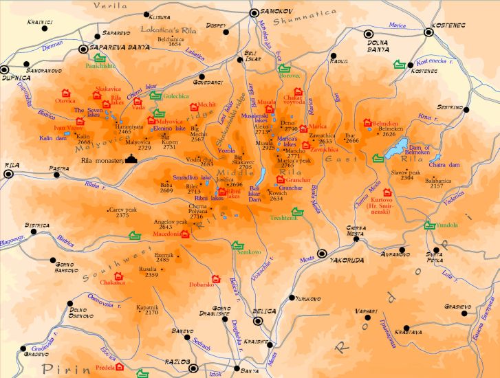 Map of the Rila Mountains of Bulgaria