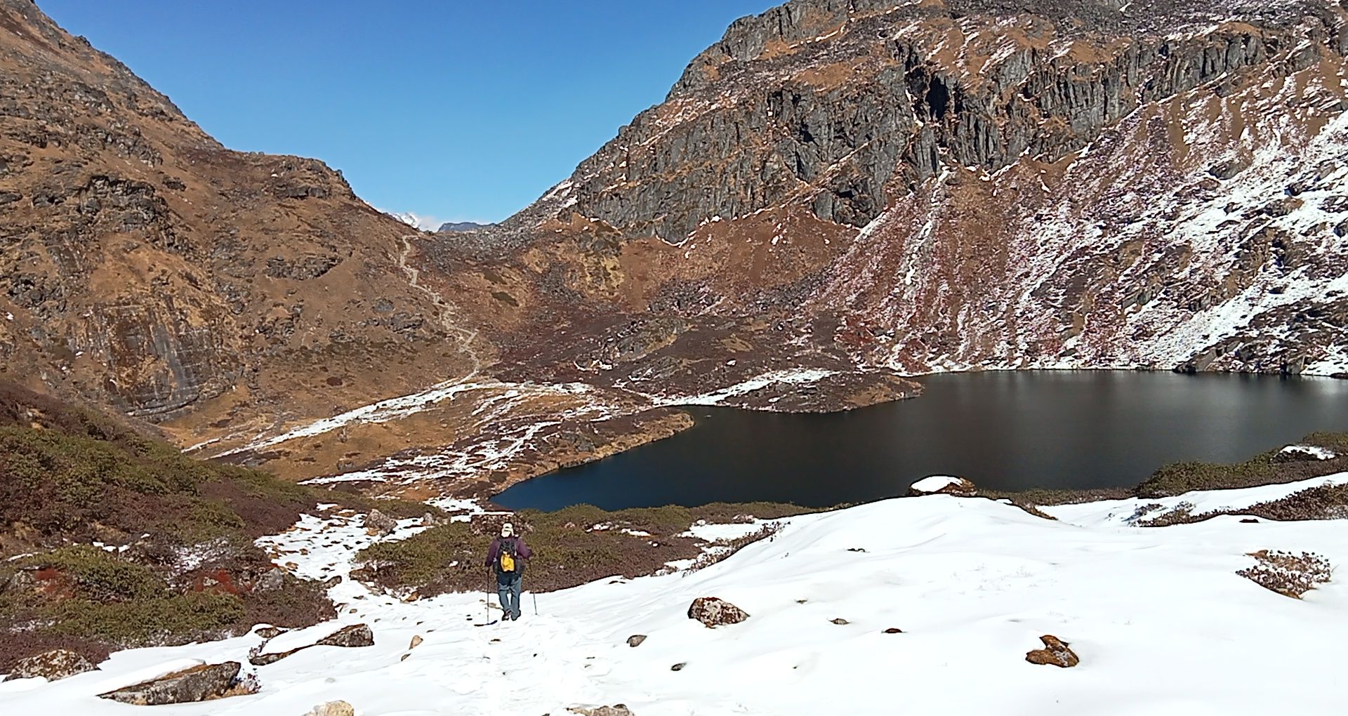 Pokhari on crossing Shipton La on route to Barun Valley / Makalu Base Camp