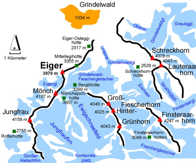 Map of the Eiger Region of the Bernese Oberlands