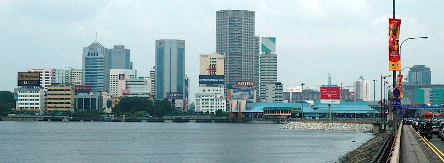 Johore Bahru waterfront from Causeway between Singapore across the Straits of Johore