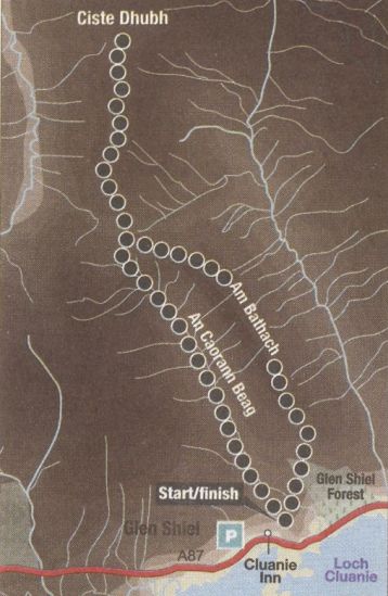 Route Map for Ciste Dhubh and Am Bathach in North Glen Shiel