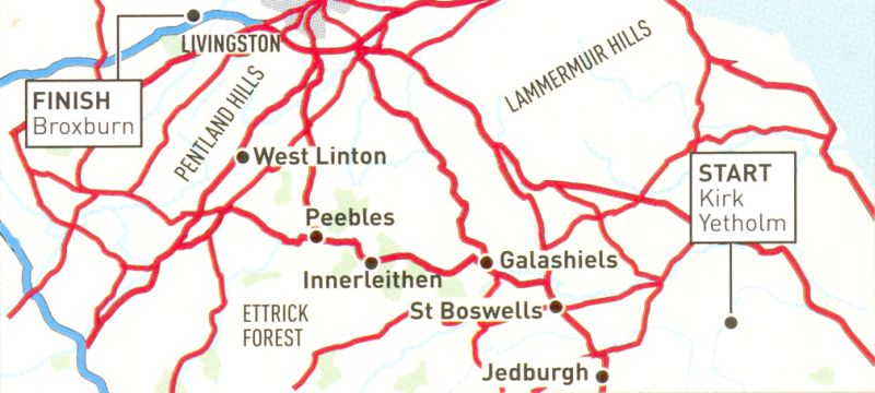 Walking Scotland from End to End - route map - Kirk Yetholm on Scottish borders to Broxburn