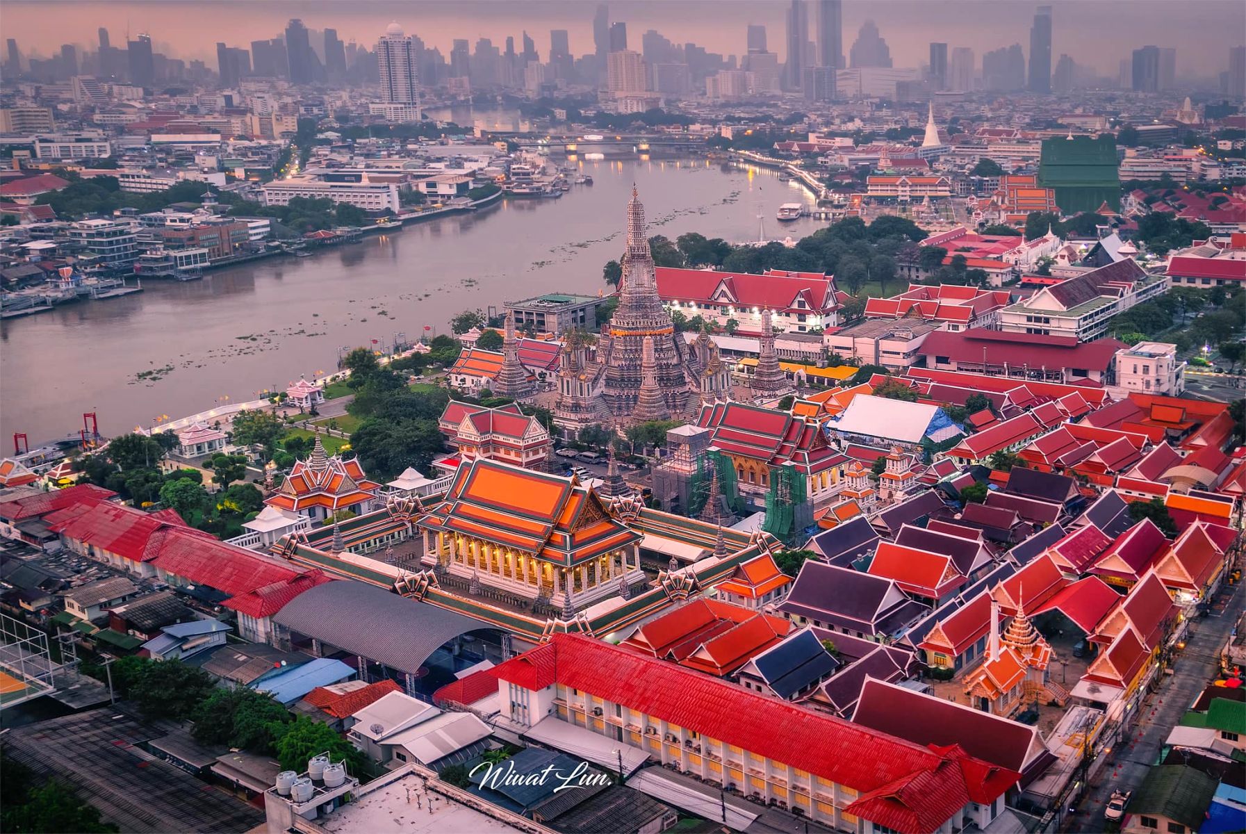 Aerial view of Wat Arun, the Temple of Dawn, in Bangkok, Thailand