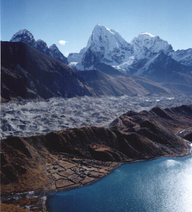 Ngozumpa Glacier and Mts. Taboche and Cholatse from Gokyo Ri